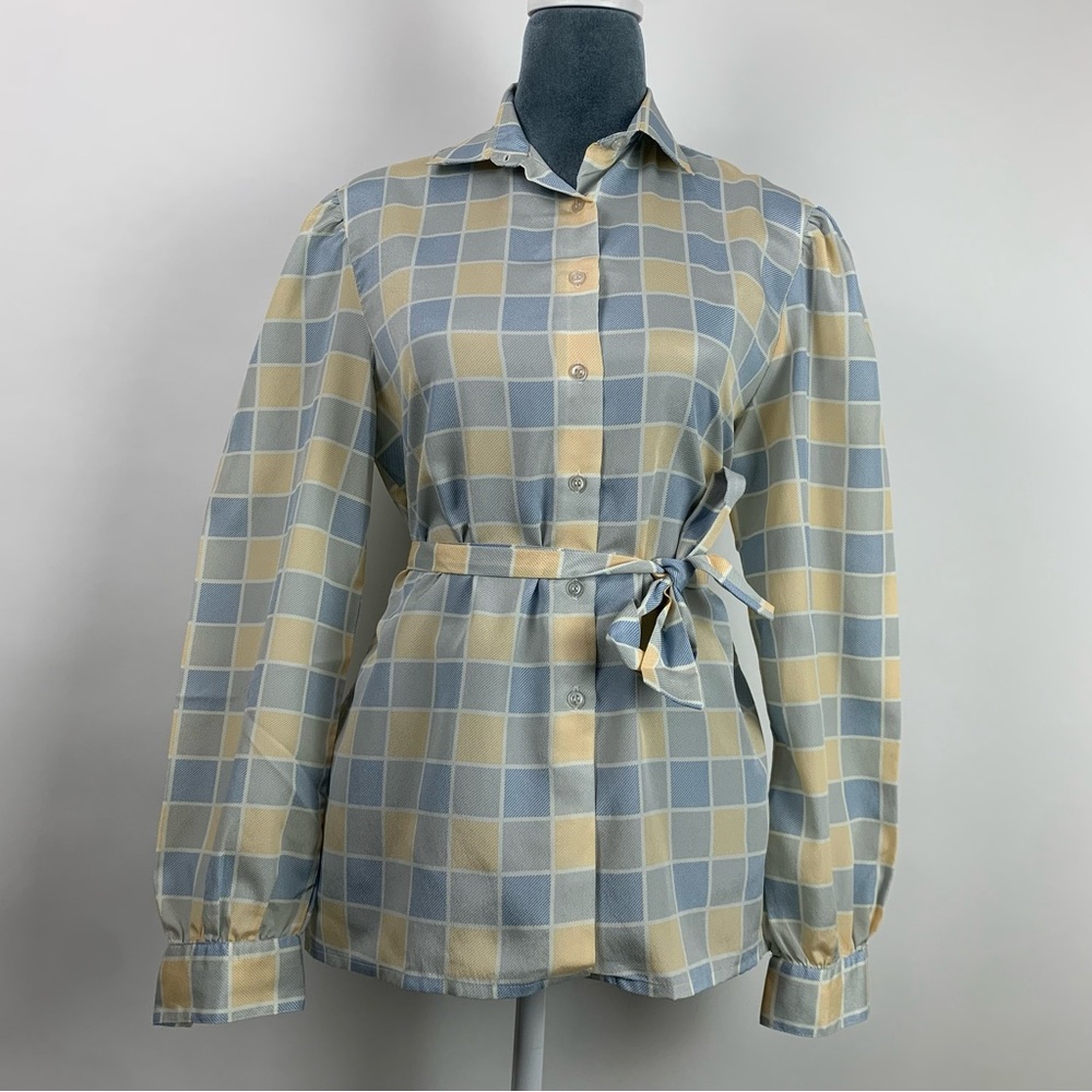 Vintage 70s Womens Medium Pastel Yellow Blue Long Sleeve Check Blouse with Tie